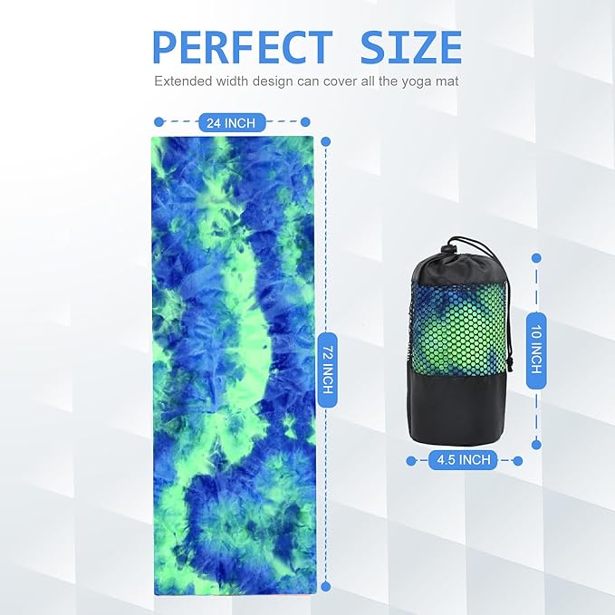 Eunzel Yoga Towel,Hot Yoga Mat Towel with Grip Dots Sweat Absorbent Non-Slip for Hot Yoga, Pilates and Workout 24" x72", Green & Blue-GravixFit