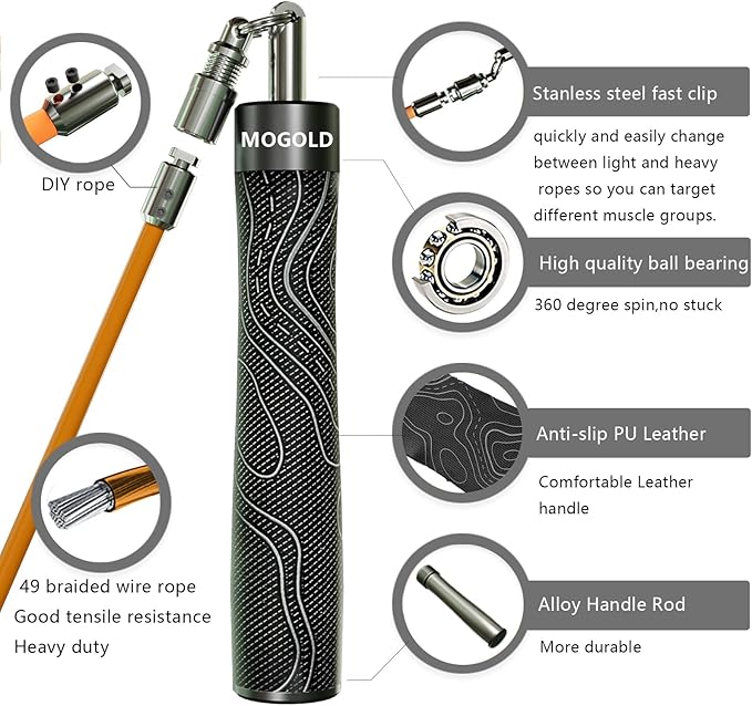 Weighted Jump Rope for Men Women -Interchangeable 1/5lb 1/4lb 1/2lb Heavy jump ropes - 360 Degree Spin - Length Adjustable,Ergonomics Leather Grip Skipping Rope for Fitness Weight Loss & More