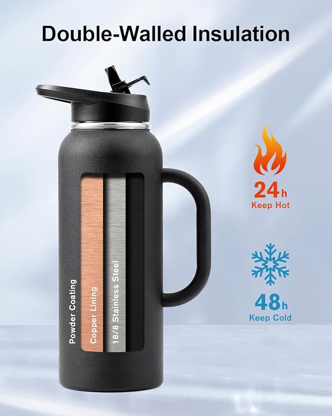 Trebo 40oz Water Bottle Insulated with Handle, Stainless Steel Metal Large Jug,Travel Flask with Straw Spout Lid,Mug Tumbler Cup with Carry Pouch,Keep Cold Hot, Indigo Black-GravixFit