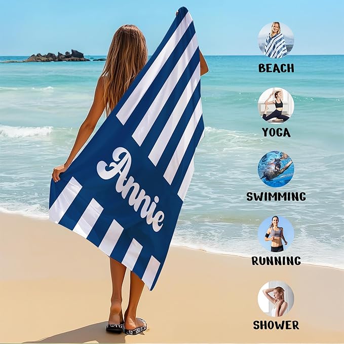 JML Personalized Beach Towel with Name, Custom Cabana Stripe Beach Towel, Customized Microfiber Pool Towel, Quick Dry & Absorbent Swim Towel for Adult,Mother's Day, Birthday, Summer Holiday,Vacation-GravixFit