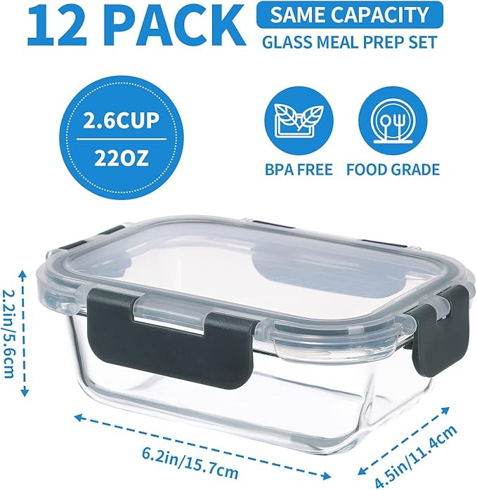 12 Pack 22oz Glass Meal Prep Containers, Food Storage Containers with Lids, Air-Tight, Leak-Resistant, Freezer to Microwave Safe - Grey Set-GravixFit