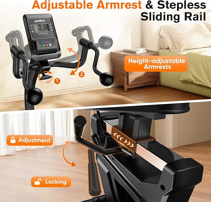 pooboo Recumbent Exercise Bike, Stationary Bikes for Home with Arm Exerciser, Magnetic Recumbent Bike with Ergonomic Backrest & Comfortable Seat, Smart APP, Pulse Sensor, 400LBS Weight Capacity
