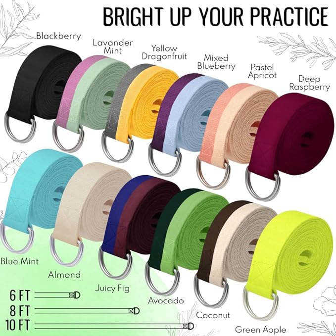 TECEUM Yoga Strap & Mat Strap – 2 IN 1 – Cotton – 6 ft 8 ft 10 ft (30+ colors) – Adjustable Non-Slip Belt for Yoga, Pilates, Stretching, Physical Therapy, Fitness & Home Workout – For Carrying Mats-GravixFit