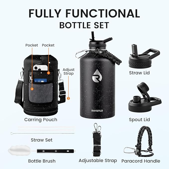 128oz Insulated Water Bottle, Triple Wall Vacuum Stainless Steel Water Bottles - Keeps Cold 48H, Reusable One Gallon Flask Jug for Gym, Sports, Camping, Hiking,Travel, Black Speckled-GravixFit