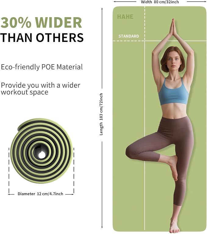 HAHE Non Slip Yoga Mat Wide, (72"L X 32"W, 0.24" Thick) Large Fitness Exercise Mat with Carrying Strap, Eco-Friendly POE Yoga Mats for Home, Gym, Pilates, Stretching-GravixFit