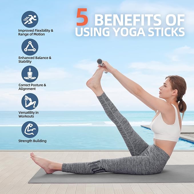Yoga Stick 5 ft Sturdy Steel, Adjustable Stretching Stick for Mobility, Flexibility and Balance, Versatile Exercise Stick with 4 Steel Rods & Foam Handles for Fitness, Rehabilitation, and Posture-GravixFit