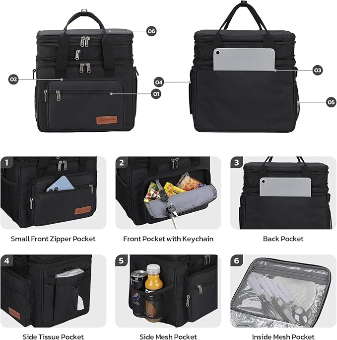 Maelstrom Lunch Box, 23L Insulated Lunch Bag, Expandable Double Deck Cooler Bag, Lightweight Leakproof Tote Bag With Side Tissue Pocket, Suit For Men and Women, Black-GravixFit