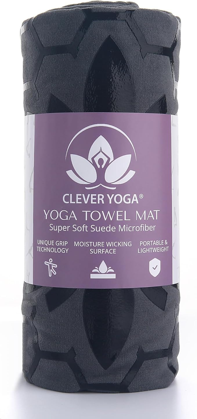 Clever Yoga Non-Slip Hot Yoga Towel – Non-Slip Grip for Hot Yoga, Sweat Absorbent, Honeycomb Silicone Grip, Stays Flat – Ideal for Pilates, Travel, Washable & Lightweight - Gray-GravixFit