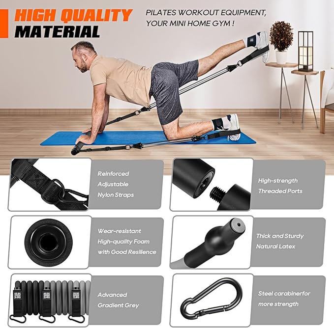 Pilates Bar Kit with Resistance Bands, Heavy Duty Pilates Equipment for Men, Strength Training Bar for Legs, Hip, Back, Arm, Abs, Chest, Shoulders, Portable Home Gym Full Body Workout Equipment-GravixFit
