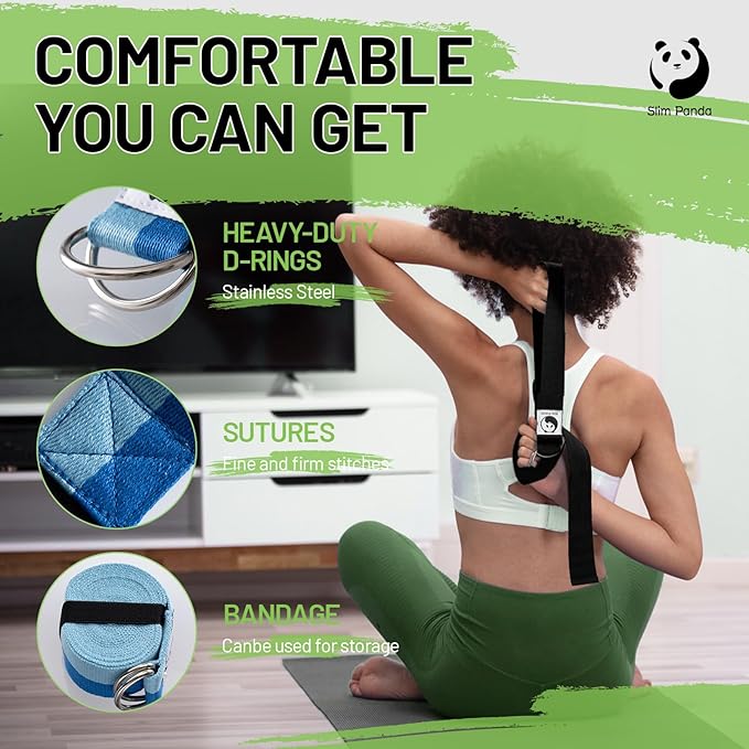 Slim Panda Yoga Strap for Stretching,Cotton Yoga Strap with Adjustable D-Ring Buckle,Non-Elastic Yoga Belt for Pilates,Gym Workouts,Physical Therapy,Improve Flexibility-GravixFit