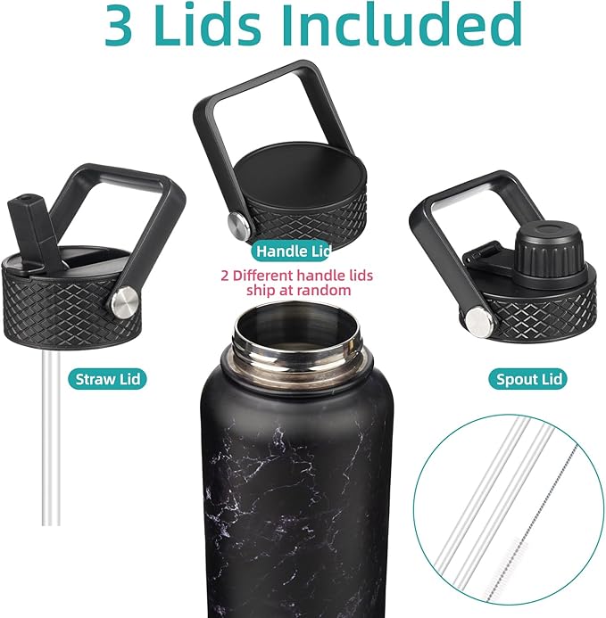 18 oz Insulated Water Bottle Stainless Steel Sport Bottles with 3 Lids,Marble Midnight-GravixFit