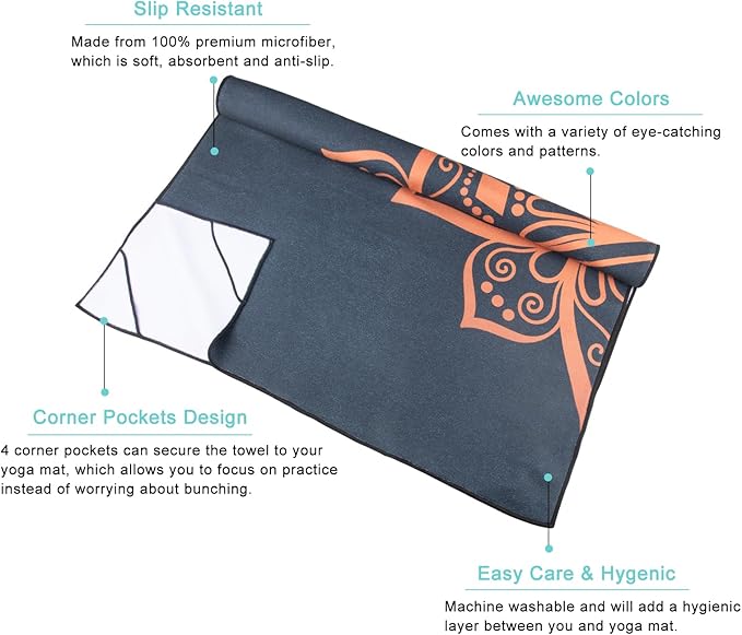 QiyI Yoga Mat Towel with Corner Pockets, Non Slip Sweat Absorbent Hot Yoga Towels, Soft Yoga Blankets with Travel Bag, Skidless Mat Cover for Workout, Gym, Fitness - 70"x26", Luxury Golden Mandala-GravixFit