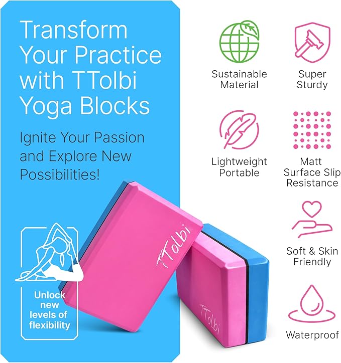 Yoga Blocks 2 Pack Set with Dance Stretch Band & Guide: Non-Slip EVA Foam Block - Ideal Stretching Equipment for Home Workouts, Pilates, Dance, Ballet, Gymnastics, Exercise - Stretch Strap Stuff Props-GravixFit