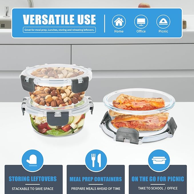 12 Pack Small Glass Food Storage Containers with Lids Airtight, 13oz Leak-Proof Meal Prep Containers Set, Freezer to Microwave Safe, Dishwasher Safe-GravixFit
