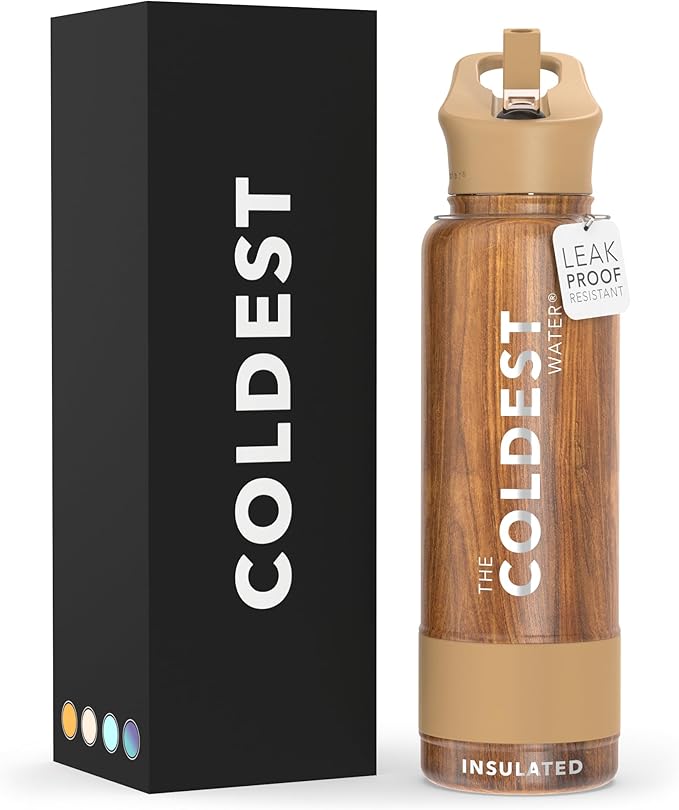 Coldest Insulated Water Bottle with Straw Lid - Stainless Steel Metal Insulated Bottle for Men & Women (Executive Wood, 40 oz)-GravixFit