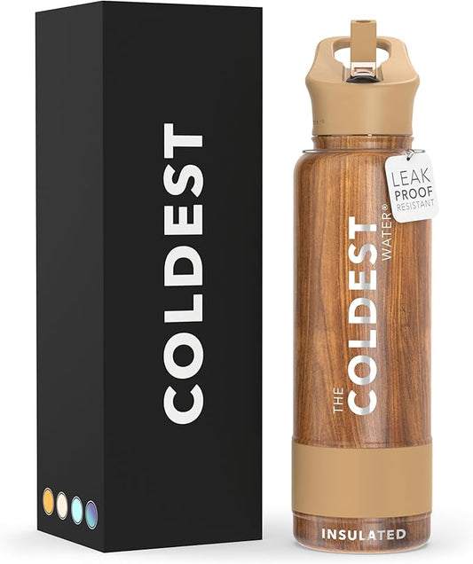 Coldest Insulated Water Bottle with Straw Lid - Stainless Steel Metal Insulated Bottle for Men & Women (Executive Wood, 40 oz)-GravixFit
