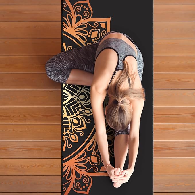 QiyI Yoga Mat Towel with Corner Pockets, Non Slip Sweat Absorbent Hot Yoga Towels, Soft Yoga Blankets with Travel Bag, Skidless Mat Cover for Workout, Gym, Fitness - 70"x26", Luxury Golden Mandala-GravixFit