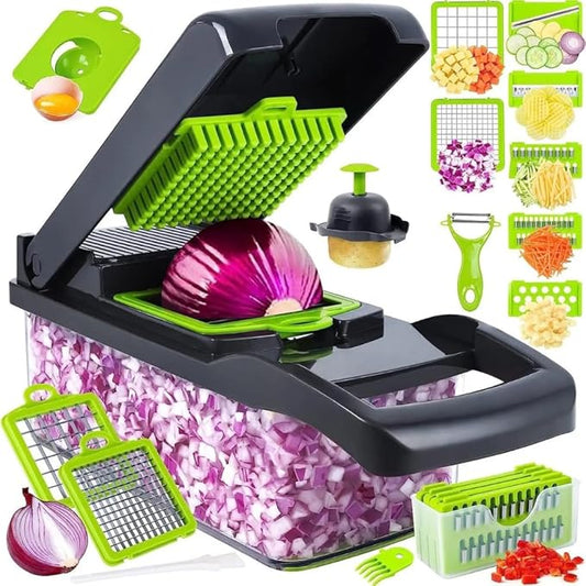 16-in-1 Ultimate Vegetable Chopper & Mandoline Slicer – Multi-Blade Food Dicer, Spiralizer, Grater & Cutter with Container – Kitchen Gadget for Fruits, Veggies, Cheese – Black & Green-GravixFit