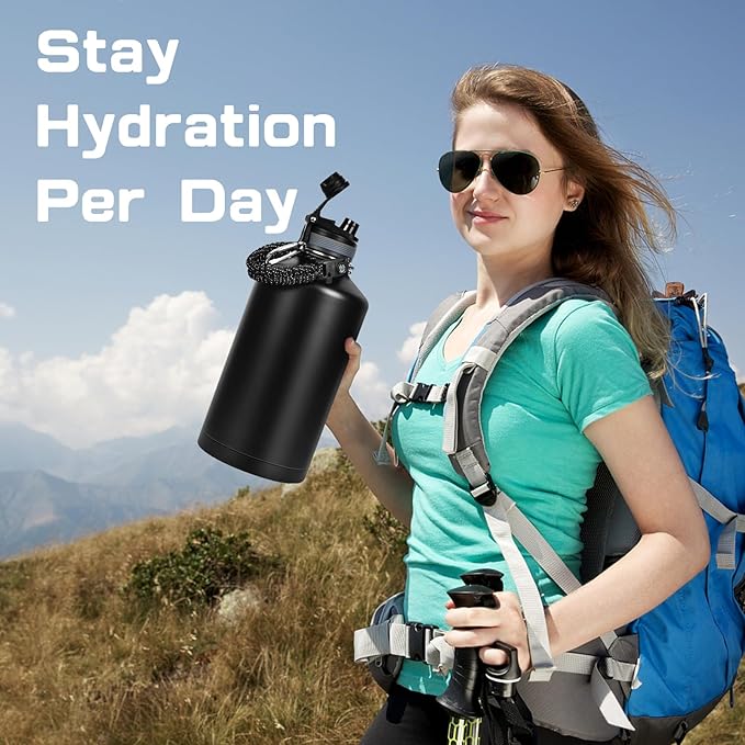 1 Gallon Water Bottle Insulated, Leak Proof 128 oz Stainless Steel Water Jug with Straw/Spout 2-in-1 Lid, Sleeve, Paracord Handle, Silicone Boot, One Gal Metal Canteen for Gym Sports Camping-GravixFit