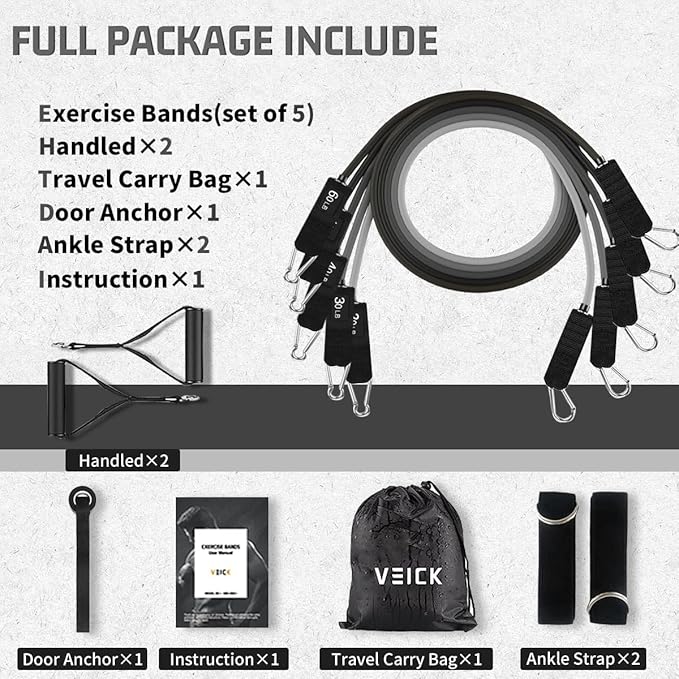 VEICK Resistance Bands, Exercise Bands for Working Out with Handles, Elastic Workout Bands for Men Women, Exercising Bands for Strength Training Equipment at Home Gym-GravixFit