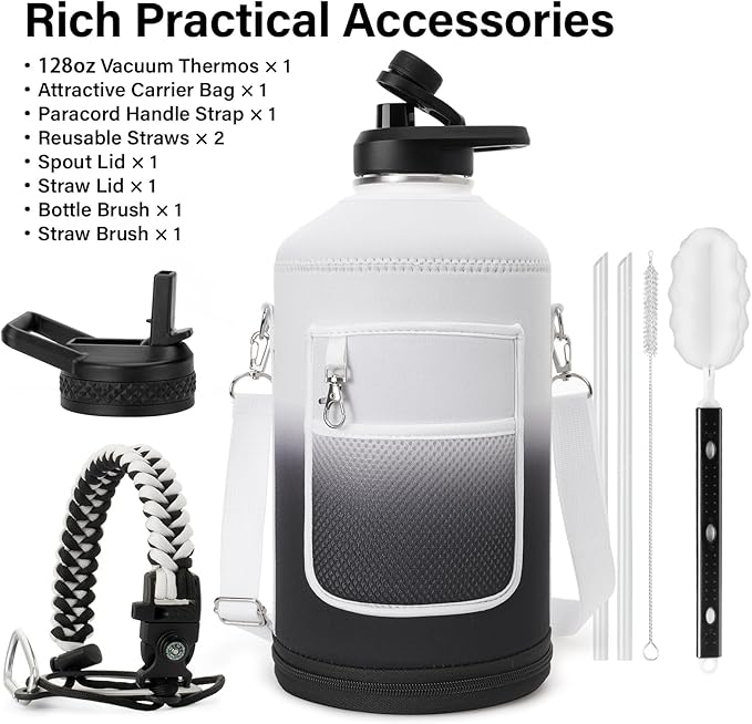 1 Gallon Water Bottle Insulated | Thickened Stainless Steel Vacuum Metal Water Jug | Portable Sports Large for Gym and Hiking with Straw, Carrier Bag, Handle Strap | BPA-Free 128 oz-GravixFit