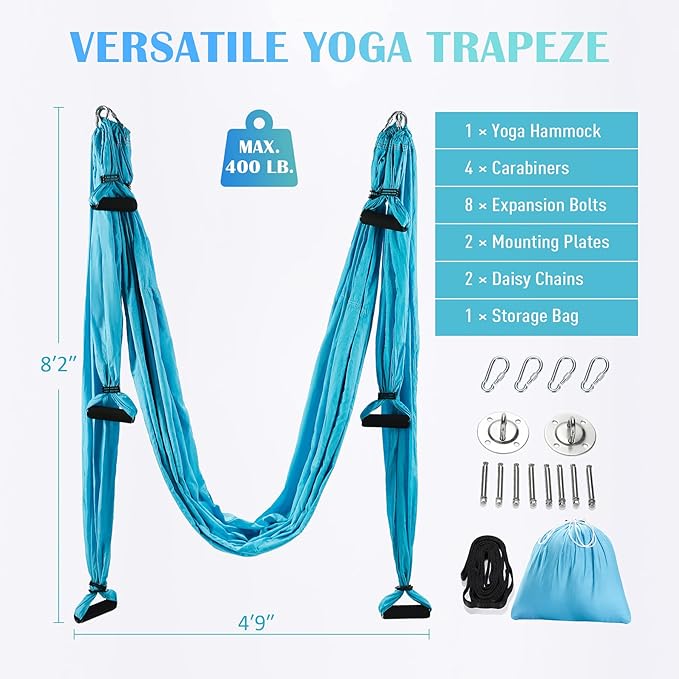 ZELUS Aerial Yoga Swing Sling Strong Yoga Hammock Kit Set Trapeze Inversion Equipment Include 2 Extensions Straps and Ceiling Mounting Kit-GravixFit