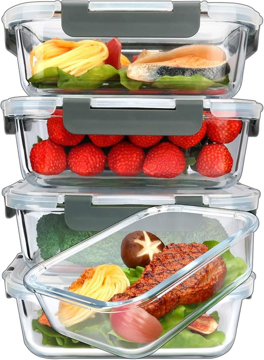 M MCIRCO [5-Packs, 36 Oz Glass Meal Prep Containers with Snap Locking Lids Glass Food Containers,Airtight Lunch Container,Microwave, Oven, Freezer and Dishwasher (4.5 Cup)-GravixFit