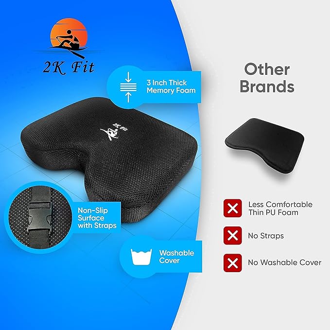 Rowing Machine Seat Cushion (Model 2) for The Concept 2 Rowing Machine with Custom Memory Foam, Washable Cover, and Straps- Concept 2 Rower, Recumbent Stationary Bike, WatterRower Seat Pad-GravixFit