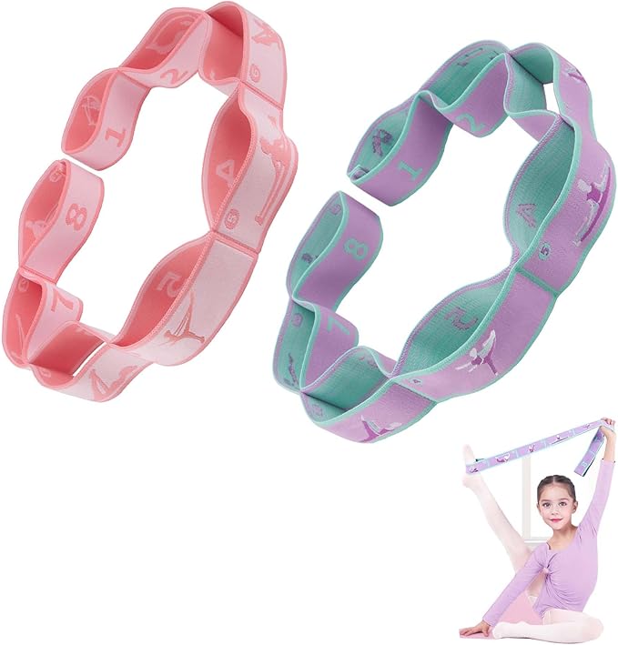2pcs Stretch Strap for Kids,Elastic Yoga Stretching Strap with Loops, Multi-Loop Adjustable Exercise Stretching Bands，Stretching Resistance Ballet Bands for Dance, Latin, Gymnastics Exercis -8Loops-GravixFit