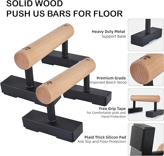 1 Pair Wood Floor Push Up Bars for Men, Anti-slip Handstand Parallettes Bars, Strength Training Push-Up Stands for Calisthenics, Fitness, Gymnastics, Workouts, Calistenia-GravixFit
