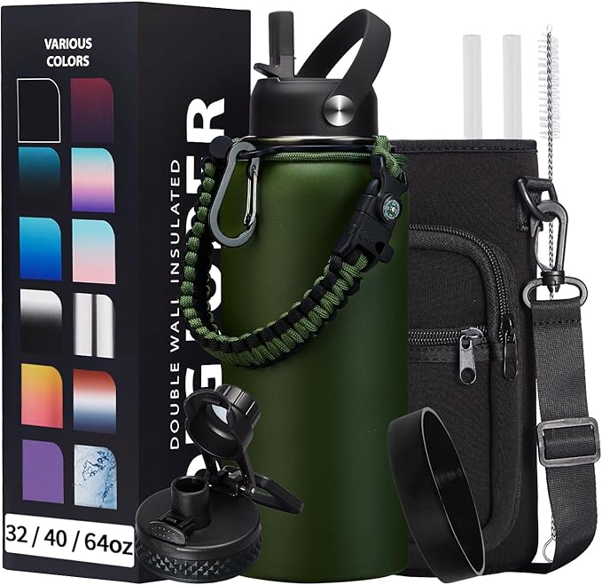 Insulated Water Bottle 32 oz - Cold-48h & Hot-24h Stainless Steel Vacuum Flask with Straw & Pop-up Chug Lid, Leak Proof 32oz Water Bottles, Wide Mouth Hydro Metal Thermal Cups for Gym Work-GravixFit