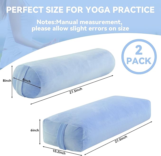 ROYALAY 2 Pcs Yoga Bolster Pillow for Restorative Yoga, Rectangular and Cylinder Meditation Pillow Set with Carrying Handles, Supportive Cushion for Exercise Workout Stretching Meditation,Sky Blue-GravixFit