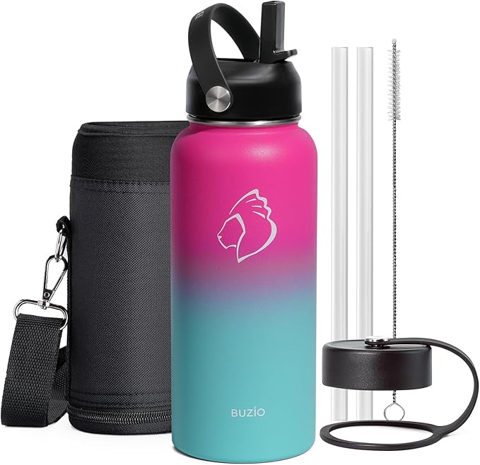 BUZIO Insulated Water Bottle with Straw Lid and Flex Cap, 32oz Double Wall Vacuum Stainless Steel Thermo with Wide Mouth Lid, Cold 48 Hrs Hot 24 Hrs Sweat Proof Flask, Rose and Green-GravixFit
