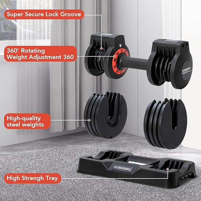 25/55 lbs Pair Adjustable Dumbbells Set, Adjustable Weights Dumbbells Set for Men and Women with Anti-Slip Fast Adjust Weight by Turning Handle,Black Dumbbell with Tray-GravixFit