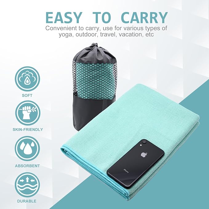 Eunzel Yoga Towel,Hot Yoga Mat Towel with Grip Dots Sweat Absorbent Non-Slip for Hot Yoga, Pilates and Workout 24" x72", Teal-GravixFit