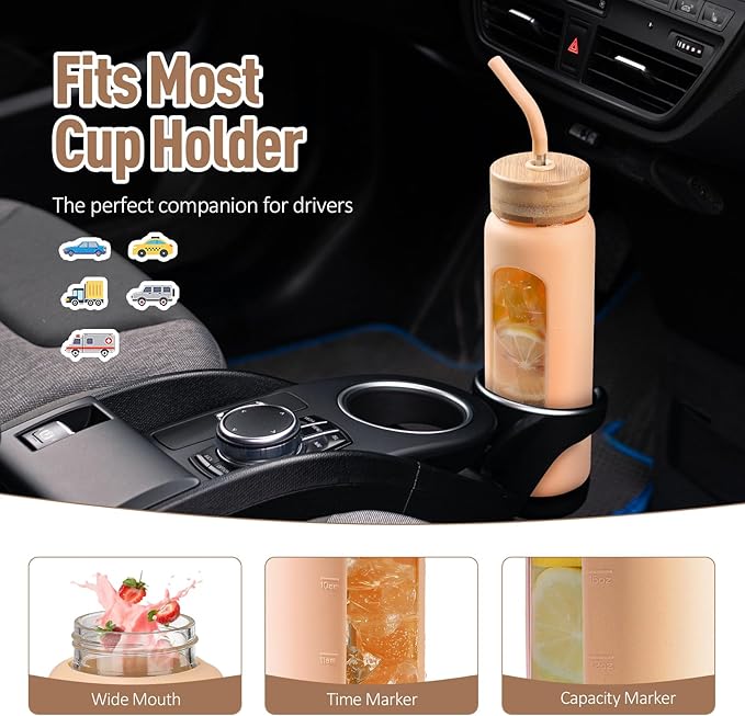 Kodrine Water Bottle with Straw, 24 oz Glass water Bottle with 2 Lids Bamboo Straw Lid and Spout Lid with Handle, 32 oz Clear Water Bottle Glass for Sports Travel, Waterbottle with Time Marker-GravixFit