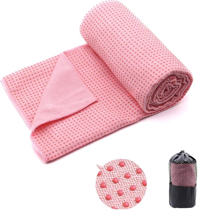Eunzel Yoga Towel,Hot Yoga Mat Towel with Grip Dots Sweat Absorbent Non-Slip for Hot Yoga, Pilates and Workout 24" x72", Pink-GravixFit