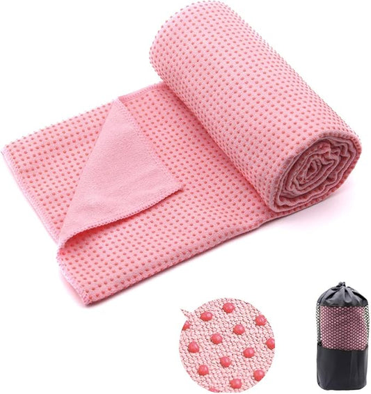 Eunzel Yoga Towel,Hot Yoga Mat Towel with Grip Dots Sweat Absorbent Non-Slip for Hot Yoga, Pilates and Workout 24" x72", Pink-GravixFit