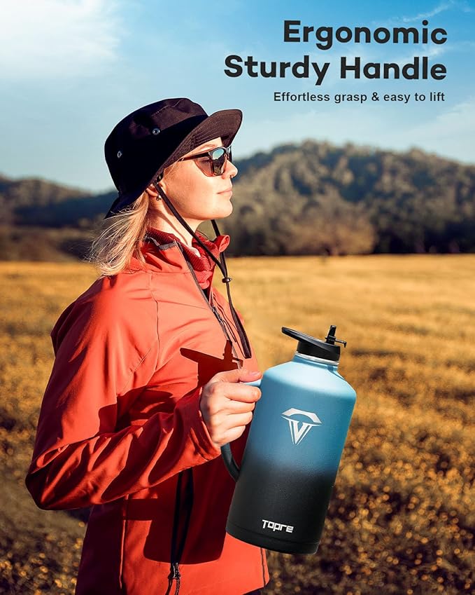 128 oz Stainless Steel Water Bottle with Handle and Carry Pouch, One Gallon Insulated Mug Tumbler with Straw Lid Spout Lid,Reusable Metal Water Bottle Jug Flask Cup,Keep Cold & Hot,Indigo Black-GravixFit