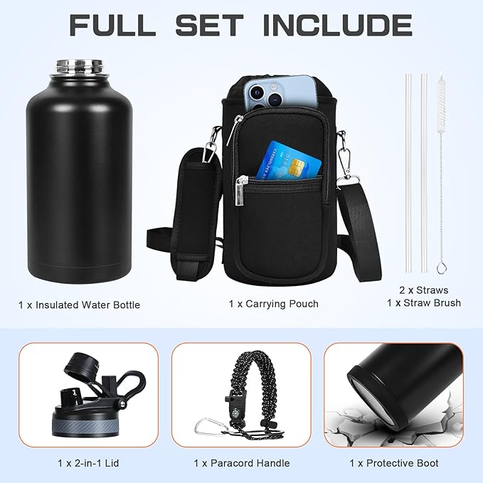 Insulated Water Bottle 64 oz, Half Gallon Water Jug Cold 48H, BPA Free Stainless Steel Bottles with Straw/Chug 2-in-1 Lid, Bag, Paracord Handle, Silicone Boot, Sports Gym School Metal Flask-GravixFit