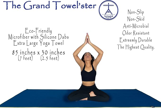Tatago Hot Yoga Mat Towel Non Slip for Hot Yoga (72-84 inch Mats) Our Hot Yoga Towel Non Slip Silicone Dabs & Absorbent Microfiber Blend Gives You More Grip As You Drip! (Azuloro, XL - 84")-GravixFit