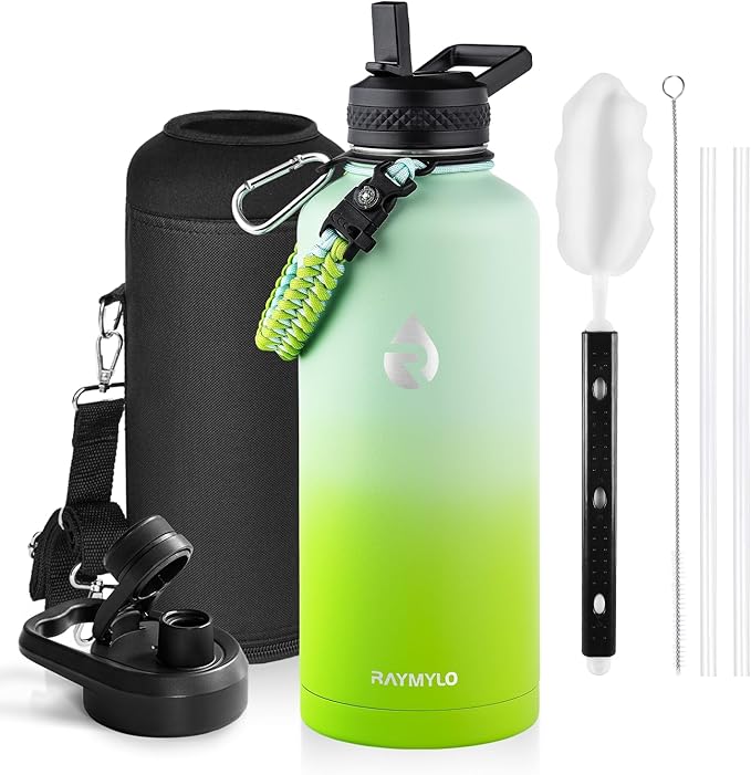 Insulated Water Bottle 87 oz, Triple Wall Vacuum Stainless Steel (Cold for 48 Hrs), Leak Proof & Non-BPA, Modern Water Flask Jug with Paracord Handle & Straw Spout Lids, Ombre Green-GravixFit