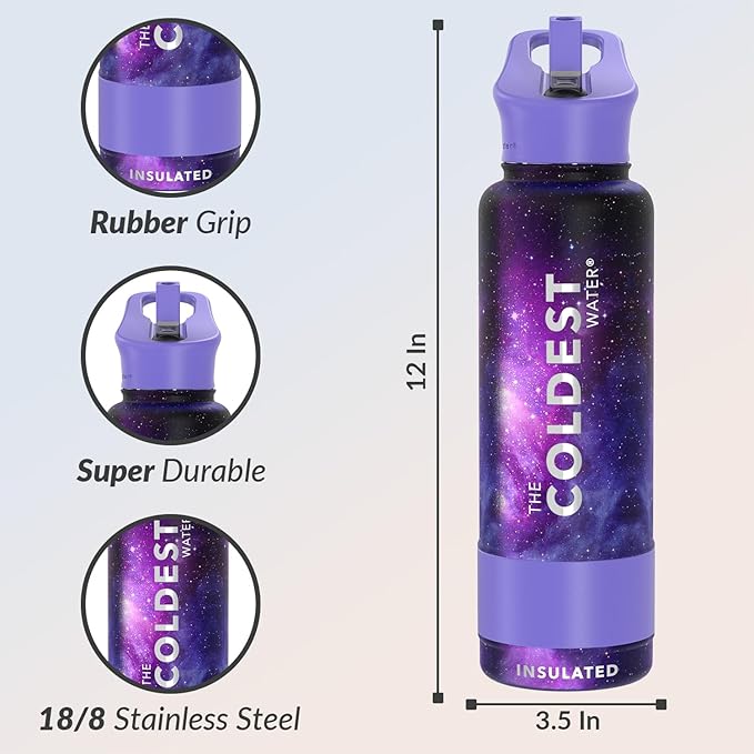 Coldest Insulated Water Bottle with Straw Lid - Stainless Steel Metal Insulated Bottle for Men & Women (Astro Purple, 40 oz)-GravixFit