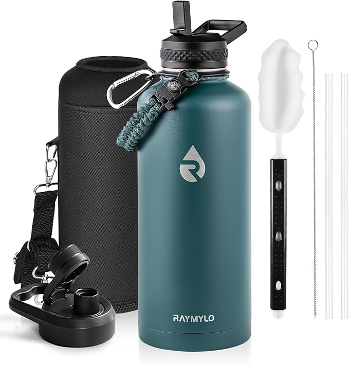 Insulated Water Bottle 87 oz, Triple Wall Vacuum Stainless Steel (Cold for 48 Hrs), Leak Proof & Non-BPA, Modern Water Flask Jug with Paracord Handle & Straw Spout Lids, Dark Green-GravixFit