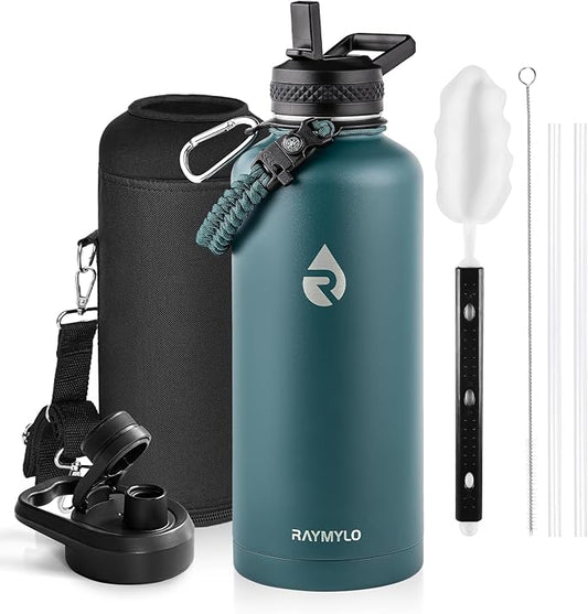 Insulated Water Bottle 87 oz, Triple Wall Vacuum Stainless Steel (Cold for 48 Hrs), Leak Proof & Non-BPA, Modern Water Flask Jug with Paracord Handle & Straw Spout Lids, Dark Green-GravixFit