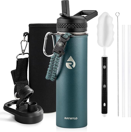 Insulated Water Bottle 20 oz, Triple Wall Vacuum Stainless Steel (Cold for 48 Hrs), Leak Proof & Non-BPA, Kids Water Bottle Jug for School with Straw Spout Lids, Dark Green-GravixFit