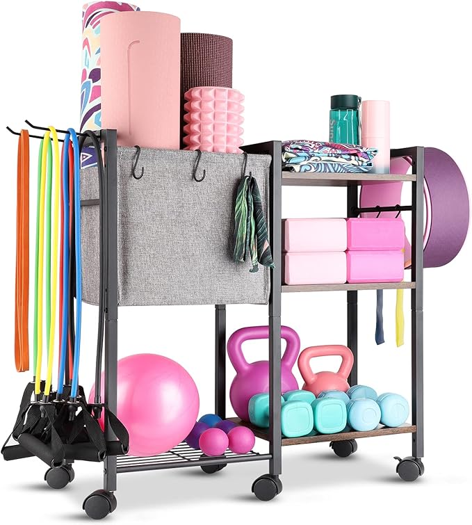 Yoga Mat Storage Rack Home Gym Equipment Organizer Holder for Foam Roller Dumbbells Kettlebells Resistance Bands and More Accessories Women Men Workout Organization with Hooks Wheels (Black)-GravixFit