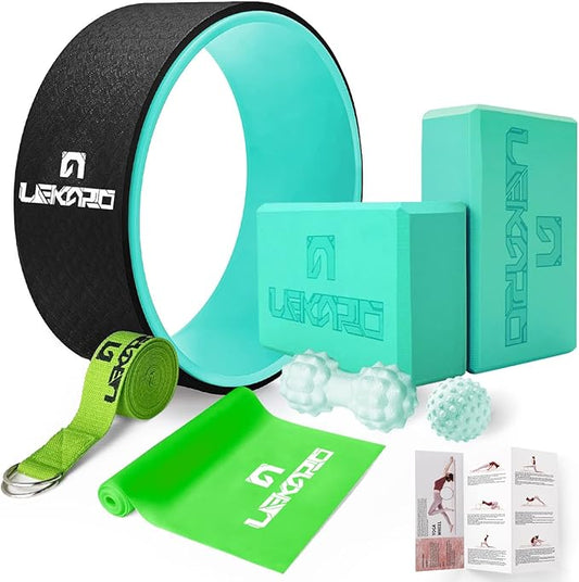 Yoga Wheel Set 9 in 1, Yoga Starter Kit for Beginner, Back Roller for Pain Relief & Deep Tissue Massage, Stretching, Improving Backbends, Size 13''-GravixFit