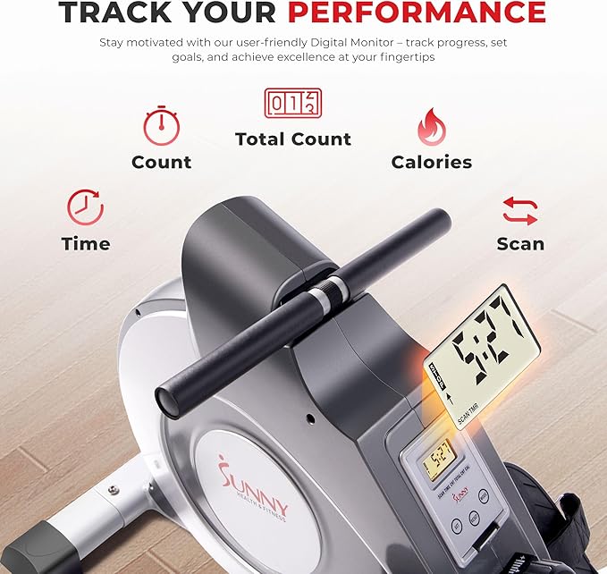 Sunny Health & Fitness Flip & Foldable Rowing Machine for Home w/Extended Slide Rail, Full-Body Workout, Low-Impact, Optional Extra Long Rail, Quiet Rail Cover, Water Motion and Free SunnyFit App-GravixFit