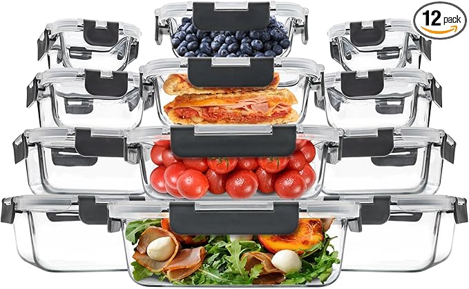 12 Pack Glass Food Storage Containers, Glass Storage Containers with Lids for Meal Prep, Lunch, Airtight, Freezer to Microwave Safe (12 Lids & 12 Containers)-GravixFit